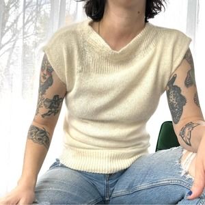 Vintage 80s Expressives Rabbit Hair & Silk Bead Embellished Cream Sweater Top M